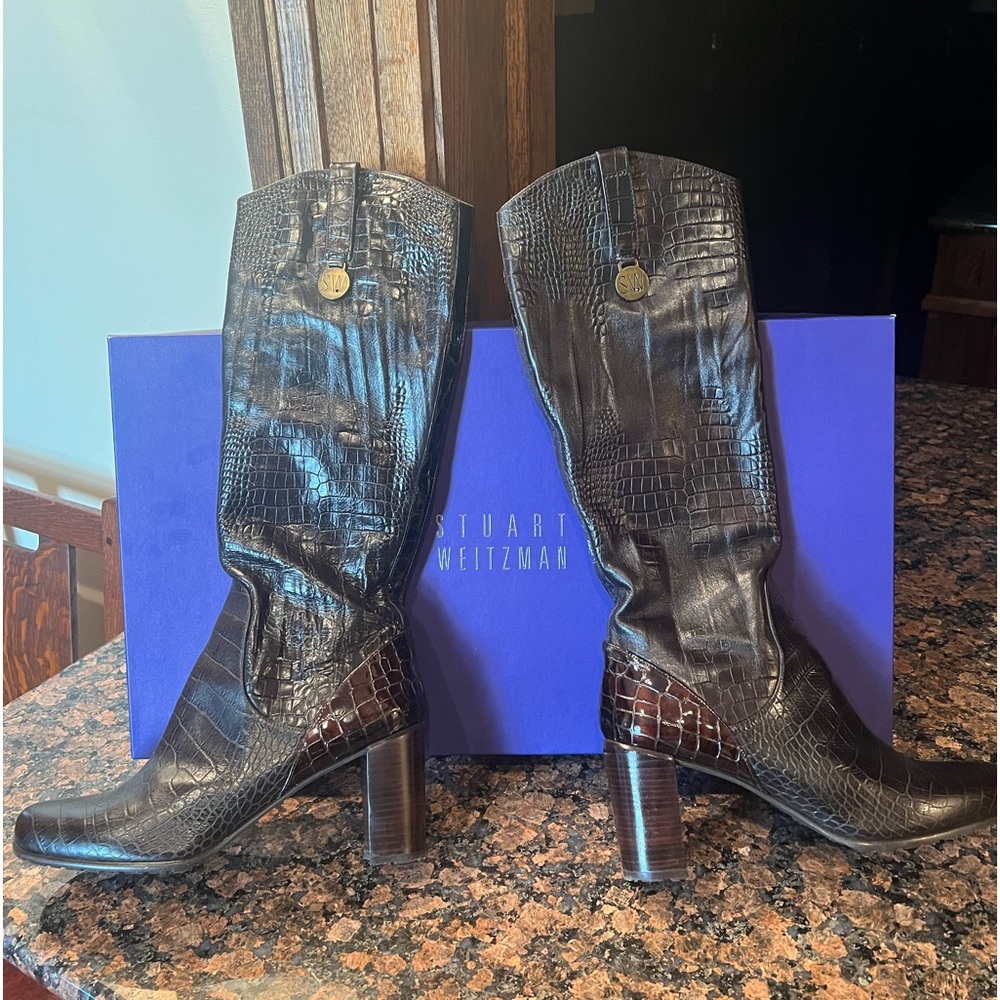 Stuart Weitzman espresso brown croc embossed leather boots-10